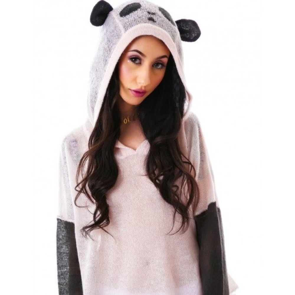 Wildfox Panda Face Hooded Billy Crop Sweater, Cherry Blossom, XS